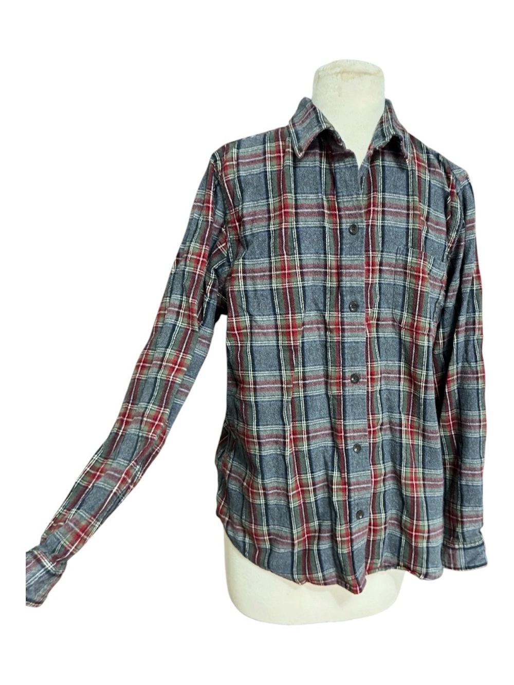 LL Bean Women L Large Grey Stewart Scotch Plaid Flannel Shirt Relaxed Fit Cotton